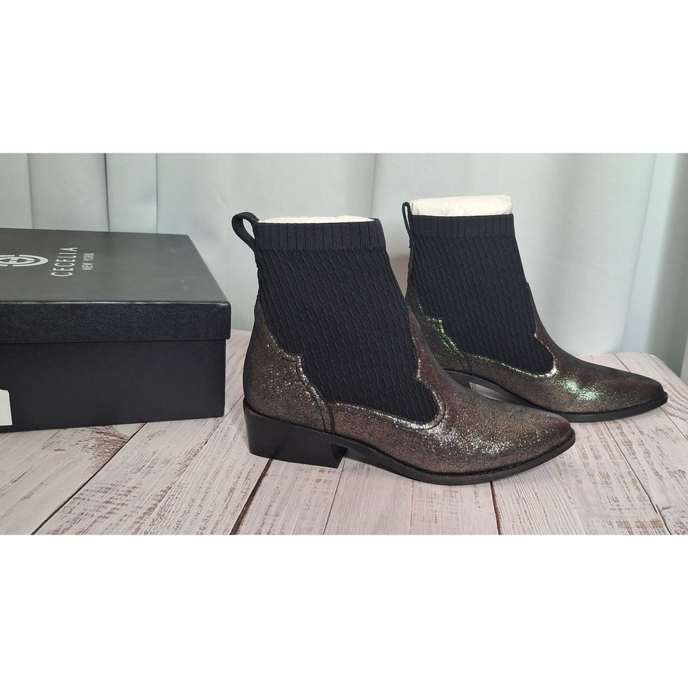 Cecelia New York Tomas Metallic Glitter Knit Ankle Boots Warm Pewter Black 7B